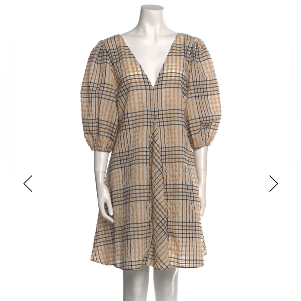 Ganni Plaid V-Neck Puff Sleeve Dress